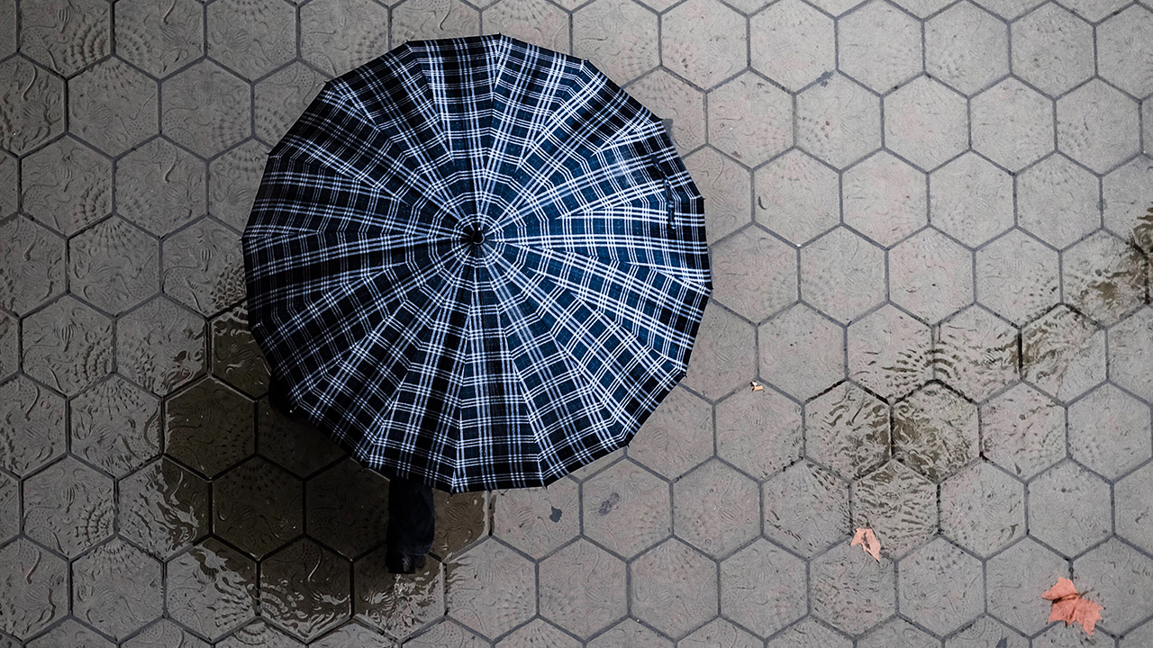 Kuvituskuva, sininen ruudullinen sateenvarjo